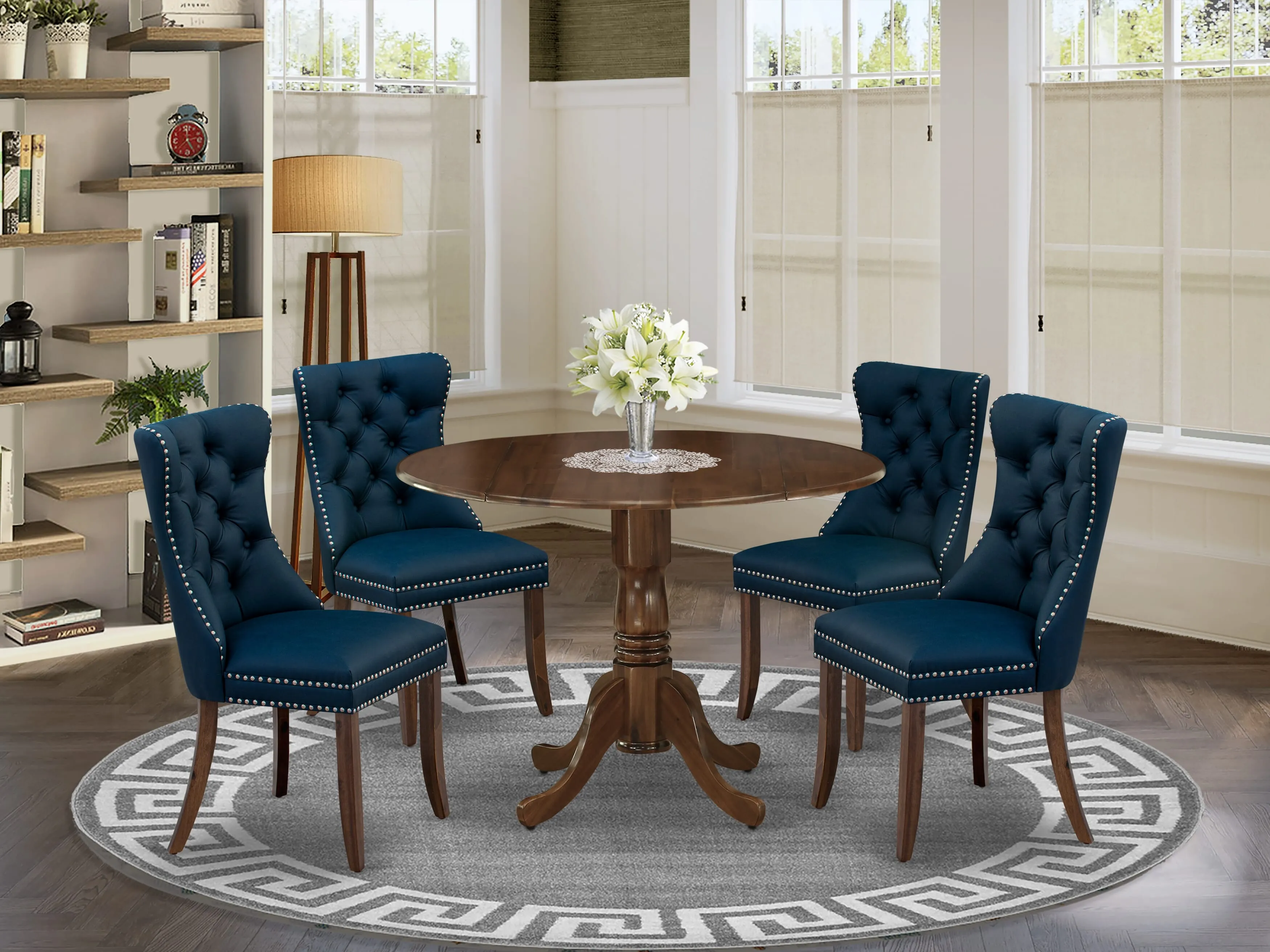 East West Furniture DLDA5-AWA-29 5 Piece Kitchen Table & Chairs Set Includes a Round Dining Table with Dropleaf and 4 Upholstered Chairs, 42x42 Inch, Antique Walnut
